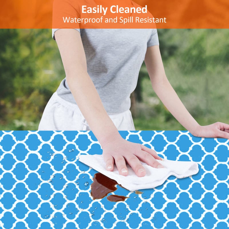 KENOBEE 8ft طاولة نزهة وغطاء مقعد أساسيات التخييم RV Gear 96 في مقاومة للماء والرياح في الهواء الطلق مرنة في جميع أنحاء مفرش المائدة المجهزة طاولات مستطيلة ومقاعد أزرق وأبيض مغربي - Image 3